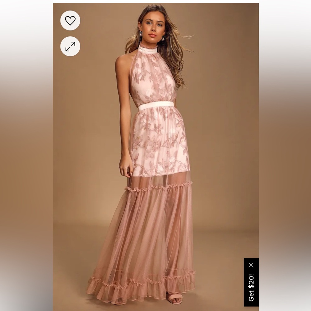Blush embroidered halter formal dress